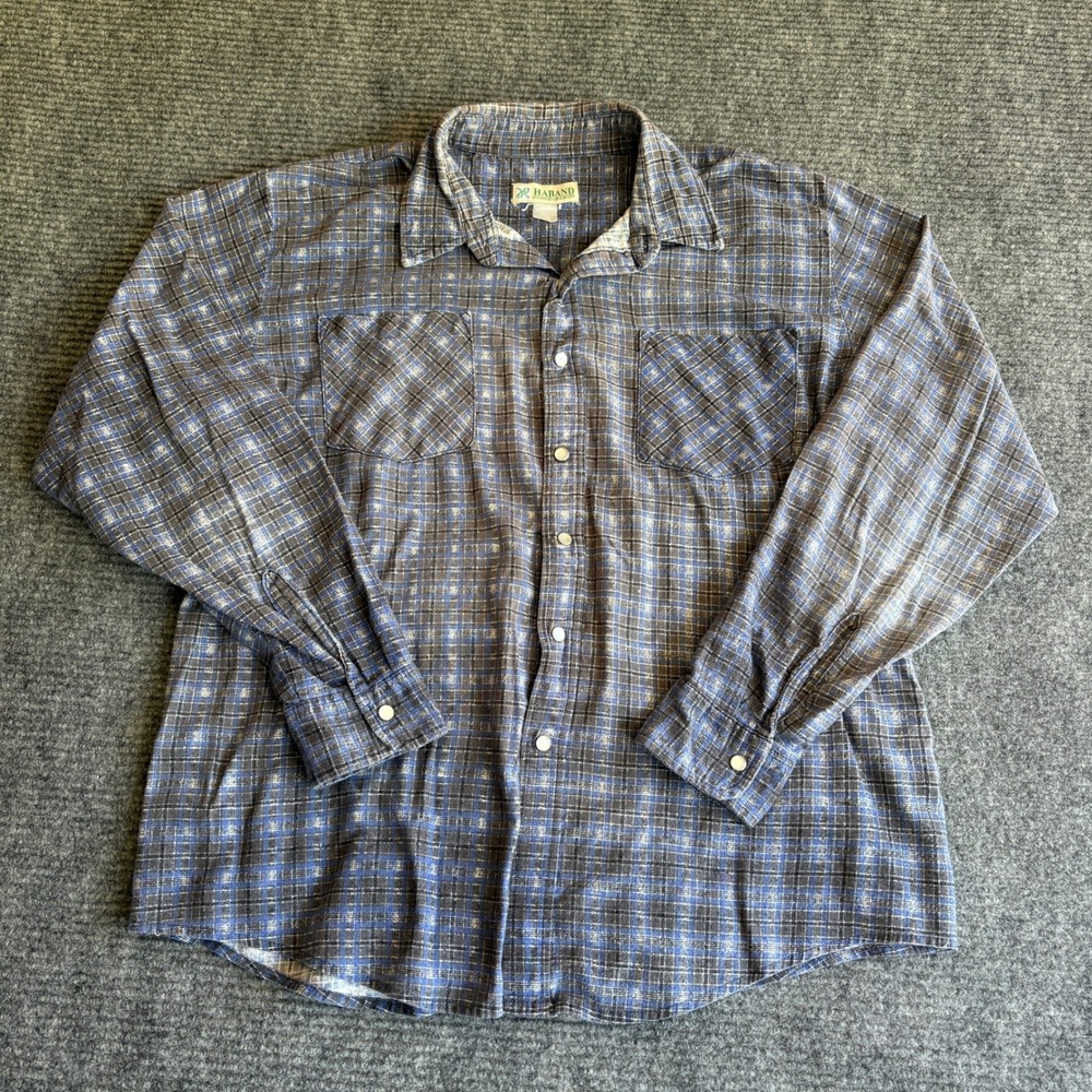 Haband Mens Blue Grey Plaid Pearl Snap Flannel Shirt Long Sleeve Size XL 2763